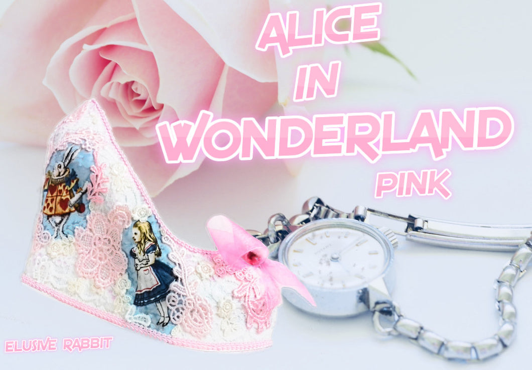 John Tenniel's Classic 1865 Alice In Wonderland Lace Fabric Custom Heel Ribbon Pink Blue Shoe Flat Size 3 4 5 6 7 8 Wedding Bridal Heel UK