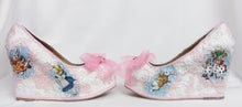 Load image into Gallery viewer, John Tenniel's Classic 1865 Alice In Wonderland Lace Fabric Custom Heel Ribbon Pink Blue Shoe Flat Size 3 4 5 6 7 8 Wedding Bridal Heel UK