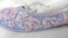 Cargar imagen en el visor de la galería, John Tenniel Classic 1865 Alice In Wonderland Sequin Glitter Lace Fabric Custom Dolly Ribbon Purple Shoe Flat Size 3 4 5 6 7 8 Weddin Bridal