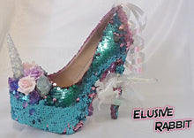 Load image into Gallery viewer, Cupcake Unicorn Heels Custom Shoes Spiked Prism Icicle Rainbow Scales Glitter Blue Pink Sequin Size 3 4 5 6 7 8 High Wedge Mermaid Flowers