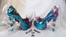 Load image into Gallery viewer, Cupcake Unicorn Heels Custom Shoes Spiked Prism Icicle Rainbow Scales Glitter Blue Pink Sequin Size 3 4 5 6 7 8 High Wedge Mermaid Flowers
