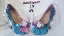 Load image into Gallery viewer, Cupcake Unicorn Heels Custom Shoes Spiked Prism Icicle Rainbow Scales Glitter Blue Pink Sequin Size 3 4 5 6 7 8 High Wedge Mermaid Flowers