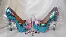 Load image into Gallery viewer, Cupcake Unicorn Heels Custom Shoes Spiked Prism Icicle Rainbow Scales Glitter Blue Pink Sequin Size 3 4 5 6 7 8 High Wedge Mermaid Flowers