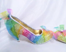 Load image into Gallery viewer, Ready To Go Size UK 7 EU 40 US 9 Rainbow Serenity Kitten heels Wedding Organza Fabric Custom Women Shoe Low Silver Glitter Prism Brooch sole