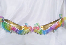 Carica l'immagine nel visualizzatore di Gallery, Rainbow Serenity Kitten heels Wedding Organza Fabric Custom Shoe Low Silver Glitter Prism Brooch Flat Size 3 4 5 6 7 8 Bridal Heel UK Women