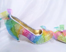 Carica l'immagine nel visualizzatore di Gallery, Rainbow Serenity Kitten heels Wedding Organza Fabric Custom Shoe Low Silver Glitter Prism Brooch Flat Size 3 4 5 6 7 8 Bridal Heel UK Women