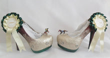 Load image into Gallery viewer, Womens Glitter Race Horse Shoe Model Miniature Figure Ribbon Rosette Handmade Custom Footwear Size 3 4 5 6 7 8 High Heels Platform Good Luck