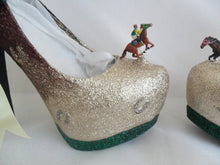 Load image into Gallery viewer, Womens Glitter Race Horse Shoe Model Miniature Figure Ribbon Rosette Handmade Custom Footwear Size 3 4 5 6 7 8 High Heels Platform Good Luck