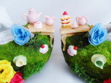 Load image into Gallery viewer, Alice In Wonderland Time For Tea Party Flower Custom Glitter Ribbon Blue Shoe Heel Size 3 4 5 6 7 8 High Heels Platform UK Mad Hatter Women