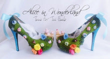 Load image into Gallery viewer, Alice In Wonderland Time For Tea Party Flower Custom Glitter Ribbon Blue Shoe Heel Size 3 4 5 6 7 8 High Heels Platform UK Mad Hatter Women