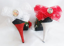 Load image into Gallery viewer, Alice In Wonderland Queen Of Hearts White Party Flower Custom Glitter Ribbon Red Shoe High Heel Size 3 4 5 6 7 8 High Platform UK Women