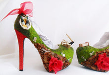 Load image into Gallery viewer, Little Red Riding Hood Miniature Flower Rose Custom 3D Ribbon Charm Wood Green Glitter Shoe High Heel Size 3 4 5 6 7 8 Platform UK Women