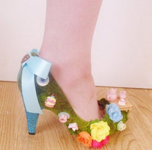 Load image into Gallery viewer, Alice In Wonderland Time For Tea Party Flower Custom Glitter Ribbon Blue Shoe Heel Size 3 4 5 6 7 8 High Heels Platform UK Mad Hatter Women