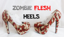 Cargar imagen en el visor de la galería, Zombie Flesh Custom Hand Sculpt Paint Red Ribbon Black Skin Shoe Size 3 4 5 6 7 8 Kraken High Heel Platform Blood Gore goth gothic fashion