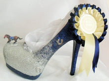 Load image into Gallery viewer, Womens Glitter Race Horse Shoe Model Miniature Figure Ribbon Rosette Handmade Custom Footwear Size 3 4 5 6 7 8 High Heels Platform Good Luck