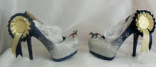 Load image into Gallery viewer, Womens Glitter Race Horse Shoe Model Miniature Figure Ribbon Rosette Handmade Custom Footwear Size 3 4 5 6 7 8 High Heels Platform Good Luck
