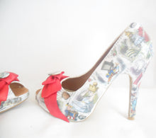 Cargar imagen en el visor de la galería, John Tenniel's Classic 1865 Alice In Wonderland Decoupage Custom Peep Toe Women Glitter Handmade Shoe High Heel Size 3 4 5 6 7 8 Platform