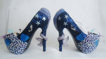 Load image into Gallery viewer, Mermaid Heels Custom Hand Sculpt Paint Purple Blue White Shoe Size 3 4 5 6 7 8 High Platform Pearls Shell Sea Sequins Starfish Plant Clam