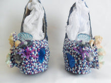 Load image into Gallery viewer, Mermaid Heels Custom Hand Sculpt Paint Purple Blue White Shoe Size 3 4 5 6 7 8 High Platform Pearls Shell Sea Sequins Starfish Plant Clam
