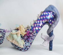 Load image into Gallery viewer, Mermaid Heels Custom Hand Sculpt Paint Purple Blue White Shoe Size 3 4 5 6 7 8 High Platform Pearls Shell Sea Sequins Starfish Plant Clam