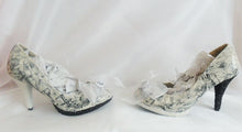 Load image into Gallery viewer, John Tenniel's Classic 1865 Vintage Alice In Wonderland Decoupage Custom Women Glitter Shoe High Heel Black White Size 3 4 5 6 7 8 Platform
