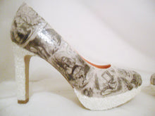 Load image into Gallery viewer, John Tenniel's Classic 1865 Vintage Alice In Wonderland Decoupage Custom Women Glitter Shoe High Heel Black White Size 3 4 5 6 7 8 Platform