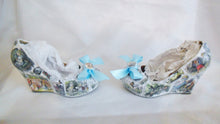 Cargar imagen en el visor de la galería, John Tenniel's Classic 1865 Alice In Wonderland Decoupage Custom Wedge Handmade Shoe High Heel Blue Wedding Bridal Size 3 4 5 6 7 8 Platform