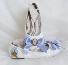 Load image into Gallery viewer, John Tenniel's Classic 1865 Alice In Wonderland Lace Fabric Custom Dolly Ribbon Blue Shoe Flat Size 3 4 5 6 7 8 Wedding Bridal UK Mad Women