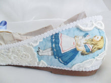 Load image into Gallery viewer, John Tenniel's Classic 1865 Alice In Wonderland Lace Fabric Custom Dolly Ribbon Blue Shoe Flat Size 3 4 5 6 7 8 Wedding Bridal UK Mad Women