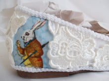 Load image into Gallery viewer, John Tenniel's Classic 1865 Alice In Wonderland Lace Fabric Custom Dolly Ribbon Blue Shoe Flat Size 3 4 5 6 7 8 Wedding Bridal UK Mad Women