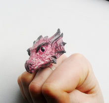 Cargar imagen en el visor de la galería, Morganite Dragon Head Ring Custom Hand Sculpt Paint Black Pink Adjustable Mens Womens Unisex Jewelry goth gothic rockabilly alternative