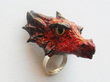 Załaduj obraz do przeglądarki galerii, Fire Dragon Head Ring Custom Hand Sculpt Paint Red Yellow Black Multicolour Adjustable Kraken Mens Womens Unisex Octopus Jewelry
