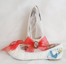 Load image into Gallery viewer, John Tenniel's Classic 1865 Alice In Wonderland Lace Fabric Custom Dolly Ribbon Blue Shoe Flat Size 3 4 5 6 7 8 Wedding Bridal UK Mad Women