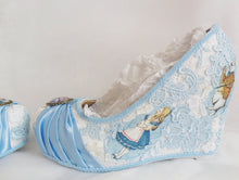 Load image into Gallery viewer, John Tenniel's Classic 1865 Alice In Wonderland Lace Fabric Flower Custom Heel Ribbon Blue Shoe Size 3 4 5 6 7 8 Wedding Bridal Wedge Women