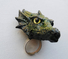 Cargar imagen en el visor de la galería, Earth Dragon Head Ring Custom Hand Sculpt Paint Earth Green Yellow Reptile Adjustable Mens Womens Unisex Jewelry goth gothic rockabilly