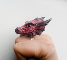 Cargar imagen en el visor de la galería, Morganite Dragon Head Ring Custom Hand Sculpt Paint Black Pink Adjustable Mens Womens Unisex Jewelry goth gothic rockabilly alternative