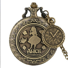 Cargar imagen en el visor de la galería, Retro Bronze Dream Alice in Wonderland Rabbit Poker Carousel Accessory Quartz Pocket Watch Chain Necklace Pendant for Girl Women