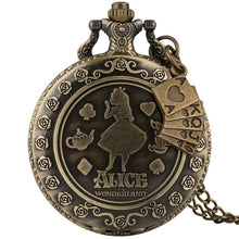 Cargar imagen en el visor de la galería, Retro Bronze Dream Alice in Wonderland Rabbit Poker Carousel Accessory Quartz Pocket Watch Chain Necklace Pendant for Girl Women