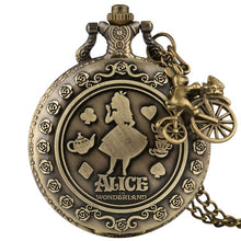 Cargar imagen en el visor de la galería, Retro Bronze Dream Alice in Wonderland Rabbit Poker Carousel Accessory Quartz Pocket Watch Chain Necklace Pendant for Girl Women