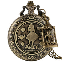 Cargar imagen en el visor de la galería, Retro Bronze Dream Alice in Wonderland Rabbit Poker Carousel Accessory Quartz Pocket Watch Chain Necklace Pendant for Girl Women