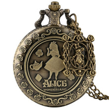 Cargar imagen en el visor de la galería, Retro Bronze Dream Alice in Wonderland Rabbit Poker Carousel Accessory Quartz Pocket Watch Chain Necklace Pendant for Girl Women