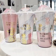 Load image into Gallery viewer, Pink Pineapple Coffee Mugs BPA Free Plastic Water Bottle Travel Mug Portable Tea Milk Juice Cup With Straw Drinkware 420ML 1pc