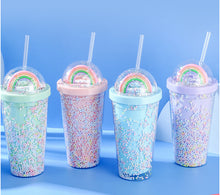 Lade das Bild in den Galerie-Viewer, New Creative Rainbow Plastic Water Cup Fashion Large Capacity Women's Straw Cup Mori Double Layer Color Pearl Drink Cup