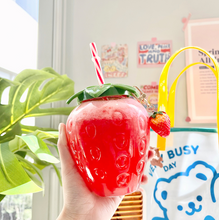 Cargar imagen en el visor de la galería, Summer cartoon kawaii strawberry straw cup plastic cup lovely girl milk tea coffee cup student portable water cup water bottle