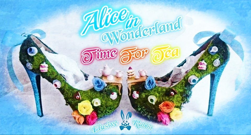 Alice In Wonderland Time For Tea Party Flower Custom Glitter Ribbon Blue Shoe Heel Size 3 4 5 6 7 8  High Heels Platform UK Mad Hatter Women