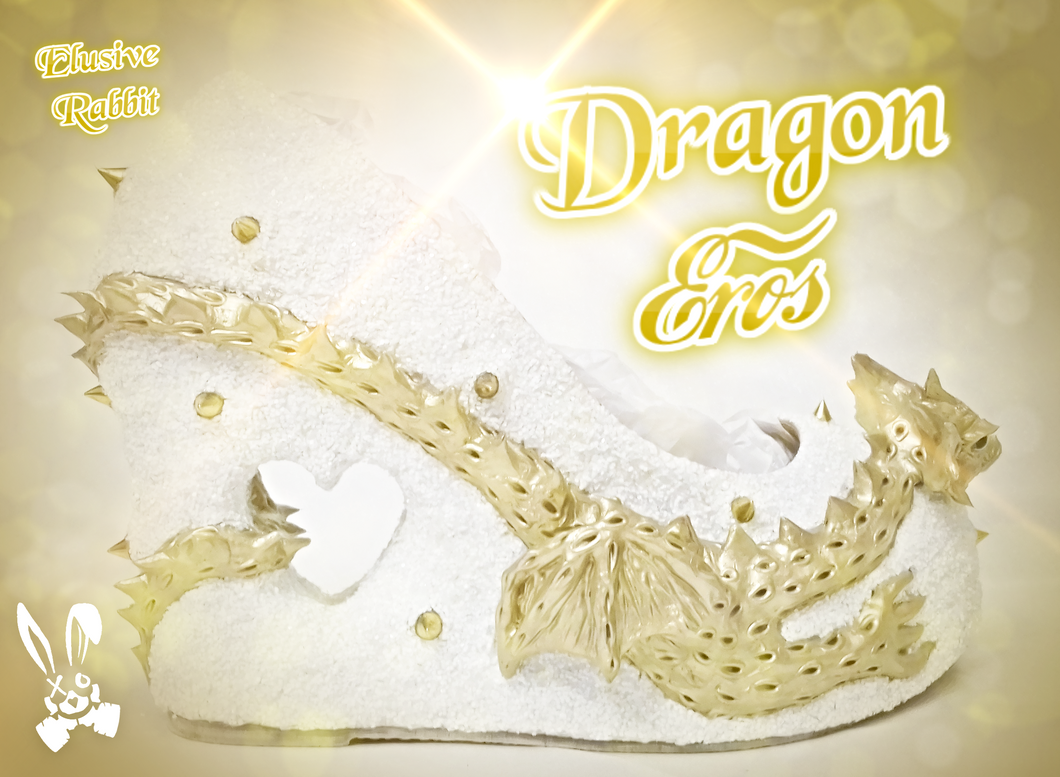 Dragon Eros Heels Gold Silver Heart Spikes Custom Sculpt Shoe Kraken heel Size 3 4 5 6 7 8 Wedge Fantasy Mythical Bridal Wedding Alternative