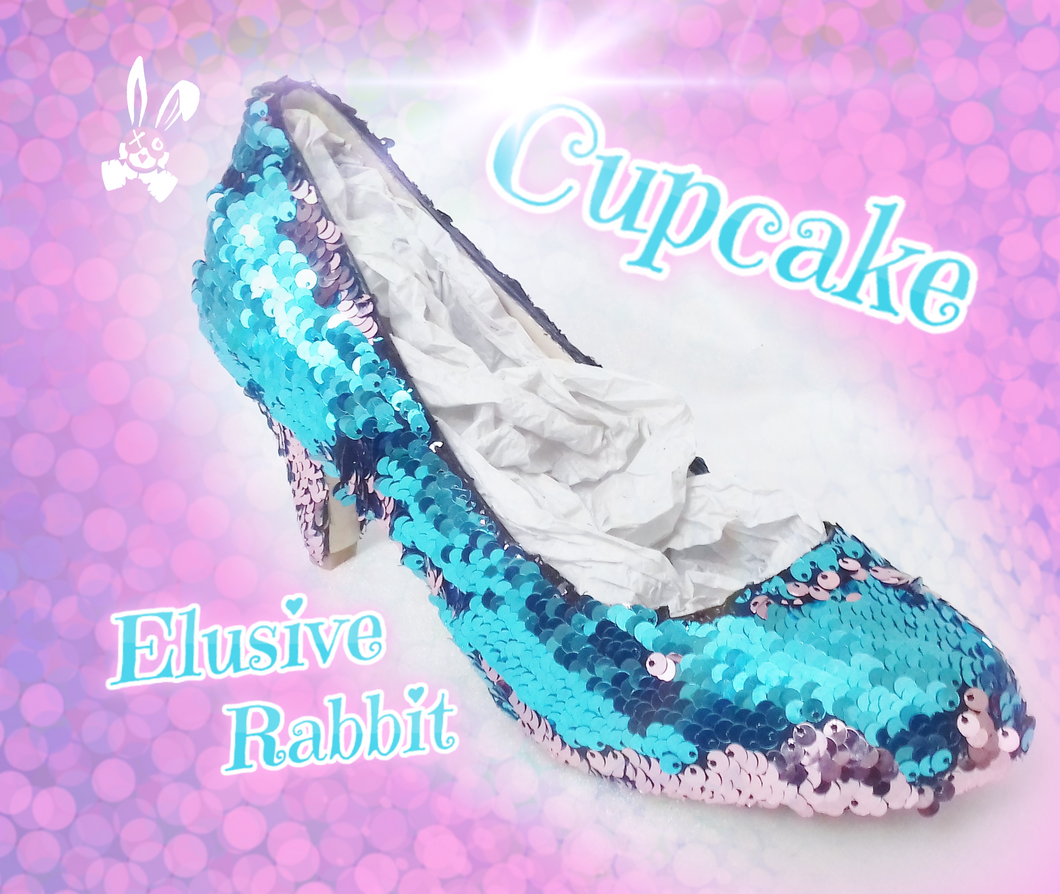 Cupcake Blue Pink Scales Mermaid Reversible Sequin Fabric Heels Custom Personalized Shoe High Stiletto Size 3 4 5 6 7 8 Platform Party Pride
