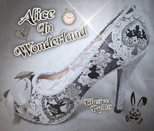 Load image into Gallery viewer, John Tenniel&#39;s Classic 1865 Alice In Wonderland Lace Fabric Custom Heel Ribbon White Black Shoe Flat Size 3 4 5 6 7 8 Wedding Bridal Heel UK
