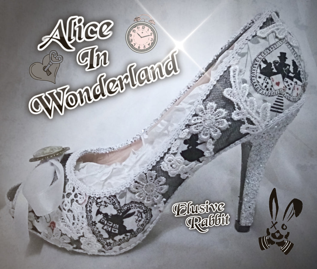 John Tenniel's Classic 1865 Alice In Wonderland Lace Fabric Custom Heel Ribbon White Black Shoe Flat Size 3 4 5 6 7 8 Wedding Bridal Heel UK