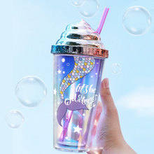 Charger l&#39;image dans la galerie, Summer Straw Cup with Sealing Cover, Double-Layer Reusable Tumbler Cup with Mermaid Patterns, BPA Free
